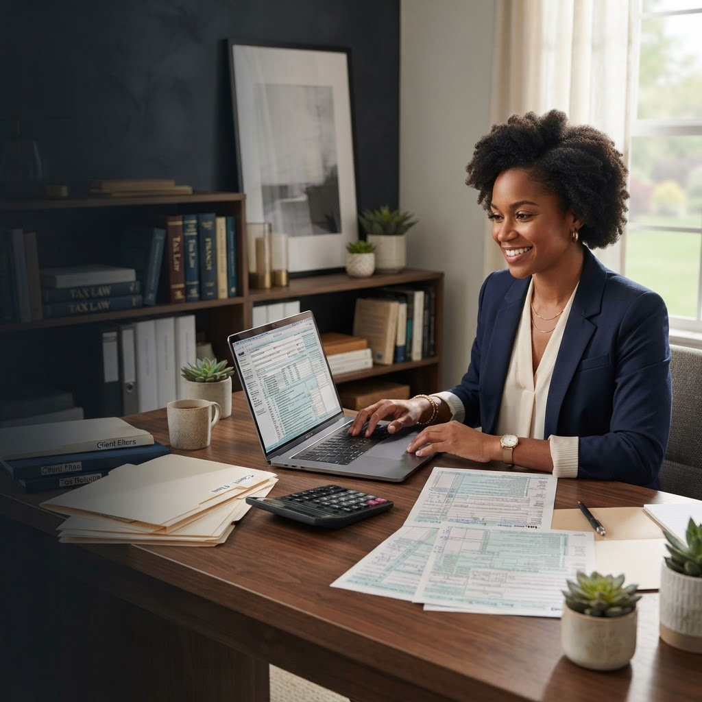 Remote tax professional working securely from a home office